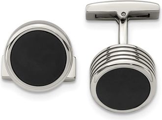 Diamond2Deal Stainless Steel Polished Grooved Round Black IP-plated Cufflinks