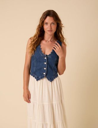 Nobody's Child Blue Denim Scallop Trim Waistcoat