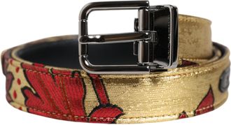 Dolce & Gabbana Gold Floral Jacquard Silver Metal Buckle Mens Belt