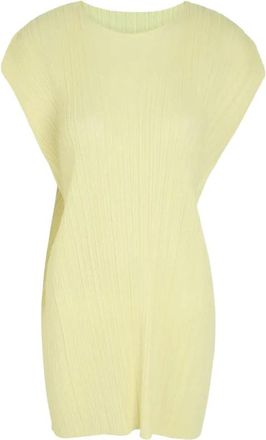 Issey Miyake Jurk met kapmouwtjes en plooien - Dames - Korte kleedjes - Geel - L - Polyester - Kleedjes