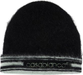Casablanca Fuzzy Black Mohair Beanie With Contrasting Stripes