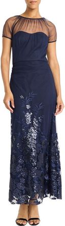 Maggy London Floral Appliqu&eacute; Detail Mesh Gown in Navy at Nordstrom, Size 16