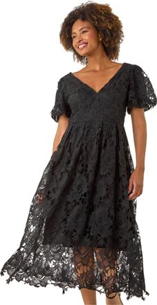 Roman Womens Crochet Lace V-Neck Midi Dress - Black - Size 10 UK
