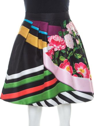 Mary Katrantzou Black Floral & Stripe Print Short Algernon Skirt