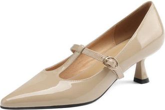 TinaCus Womens Patent Leather Handmade Pointed Toe Mid Kitten Heel T-Strap Pumps Shoes, Apricot, 5.5 UK