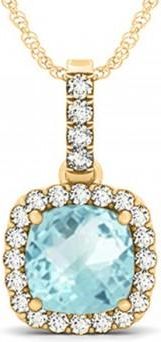 Allurez Aquamarine & Diamond Halo Cushion Pendant Necklace 14k Yellow Gold (4.05ct)