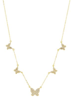Savvy Cie Jewels GOLD PLATED OVER STERLING SILVER.925 PAVE BUTTERFLY WHITE CZ STATION NECKLACE