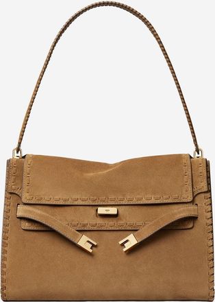 Tory Burch Womens Large Suede Bag With Top Handle Light Brown Leather Shoulder