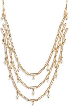 Nordstrom Cubic Zirconia & Pearl Charm Triple Tier Necklace in Clear- Gold at Nordstrom Rack