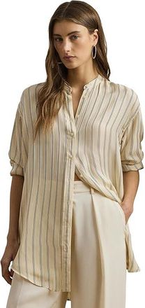 Lauren Ralph Lauren Petite Striped Jacquard Tunic Shirt Womens Clothing Ivory Beige/Blue : PM, Viscose