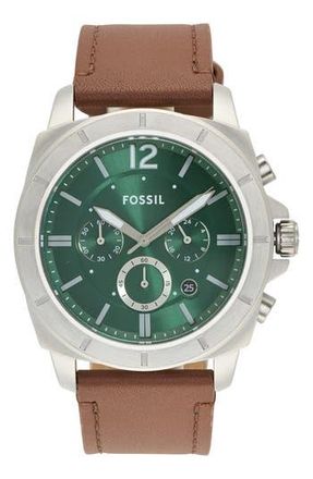 Fossil Privateer Chronograph Leather Strap Watch, 45mm in Silver at Nordstrom Rack