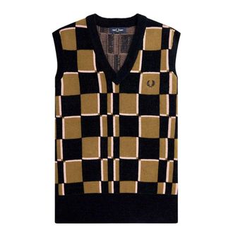 Fred Perry Navy Glitch Chequerboard Shaded Stone Gebreide Tanktop