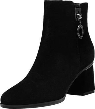 Generic Womens Ankle Boots Suede-Like Fabric Round Toe Block Heels Side Zipper Metal Pendant Detail Solid Color Stylish Durable Design,Black,3.5 UK