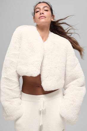 Alo | Faux Fur Chic Cropped Jacket in Ivory White, Size: Medium
