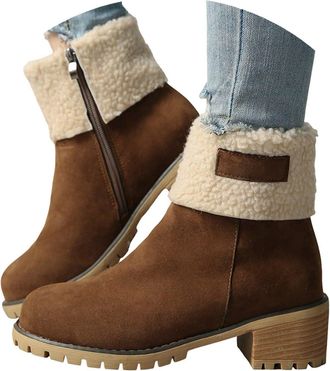 Generic 2025 Womens Winter Boots - Round Toe Snow Ankle Fur Lined Booties with Side Zipper & Chunky Heel - Comfortable Suede(Coffee,6.5)