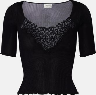 Saint Laurent Lace-trimmed ribbed-knit silk top