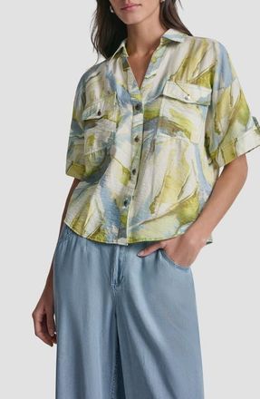 DKNY Print Short Sleeve Roll Tab Shirt in March Watercolor at Nordstrom, Size X-Large
