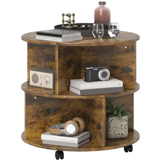 HOMCOM 3 Tier Coffee Table Round Rolling Centre Table W/ Wheels Rustic Brown | TJ Hughes