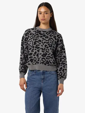 Noisy May Strickpullover NOISY MAY NMCHARLOTT L/S O-NECK KNIT FWD NOOS, Damen, Gr. XL, schwarz pattern:charcoal gray leo, Strick, Obermaterial: 52% Viskose, 28%