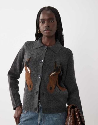 Vero Moda cardigan premium in misto lana con dettaglio cavallo grigio scuro