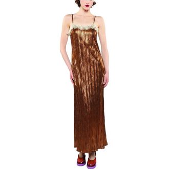 Anna Sui Fortuny Pleats Lace Slip Maxi Dress in Bronze at Nordstrom, Size Medium