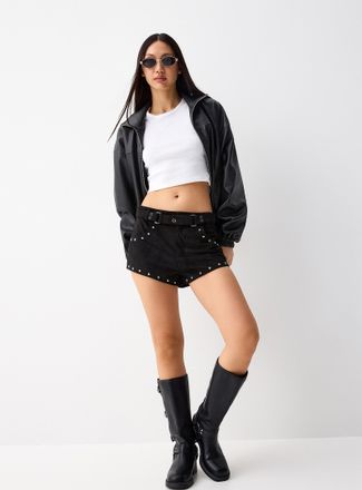 Twik Womens Studded faux-suede mini short