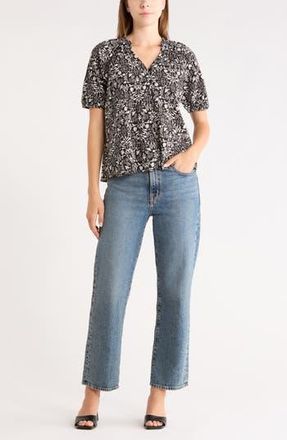 Melrose and Market Relaxed Button Front Shirt in Black- Ivory Jules Floral at Nordstrom Rack, Size Xx-Large