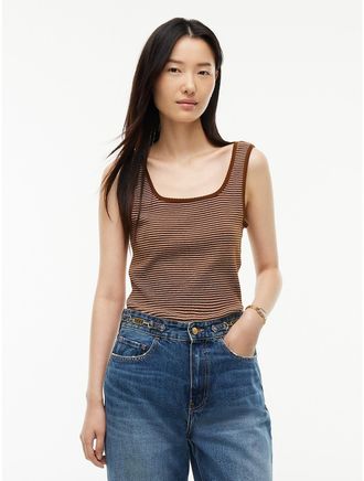Tommy Hilfiger Womens Striped Pointelle Square-Neck Tank Top - Heartwood Brown - XXL