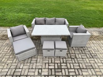 Fimous Rattan Garden Funiture Set Adjustable Rising Lifting Dining Table Set in Light Grey