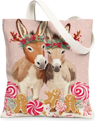 Generic Christmas Donkey Canvas Tote Bags, Cute Animal Pattern Reusable Bags, Winter Lightweight Washable Shoulder Strap Canvas for, Peach, 13x15 Inch
