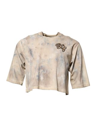 Dolce & Gabbana Beige Tie Dye DG Embroidery Cropped Mens T-shirt