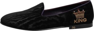 Dolce & Gabbana Mens Black Dg Crown Embroidery Loafers Slip On Shoes