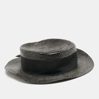 Saint Laurent Black Canotier Lacquered Straw Boater Hat S