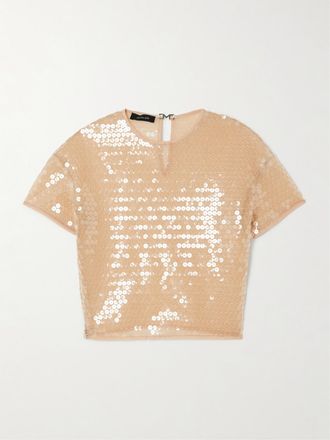 MUGLER Crop Top In Tulle Stretch Con Paillettes - Marrone
