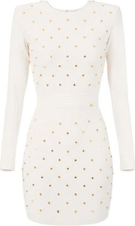 Elisabetta Franchi Mini-jurk van gebreide stof met juweeldetails - Dames - Kleedjes - Beige - M - Kleedjes