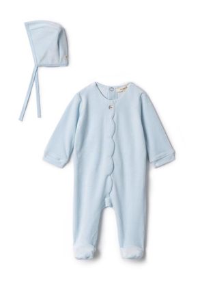Fragile Boy Cotton Velour Scallop Romper with Bonnet in Baby Blue at Nordstrom, Size 3M