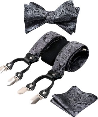 Alizeal Mens Self-Tied Adjustable Floral Paisley Bow Tie, Pocket Square and Elastic Y Shape 6 Clips Braces Set, Gray