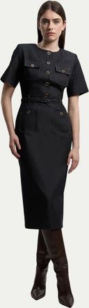Karen Millen Tailored Denim Belted Midi Dress in Indigo at Nordstrom, Size 12