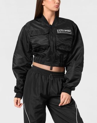 Plein Sport Cropped Bomber Jacket Ls With Cargo Pockets Women in Black at Nordstrom, Size Xx-Large