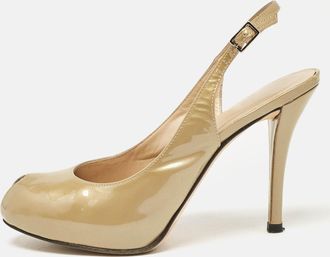 Stuart Weitzman Beige Patent Peep Toe Slingback Pumps