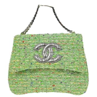 Chanel Tweedy Flap Bag Tweed Green Tweed Handbag (Pre-Owned)