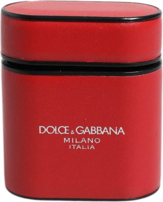 Dolce & Gabbana Red Calfskin Leather Logo Print Flip Holder Airpods Case Calf Accessory