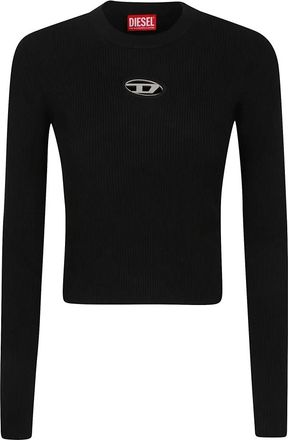 Diesel Truien & Vesten, Dames, Blauw, S, Katoen, Zwarte Geribbelde Gebreide Top met Ovale Metalen Plaat