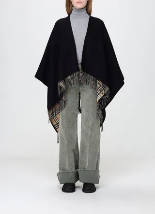 Burberry Mantella in lana con motivo check e bordi con frange
