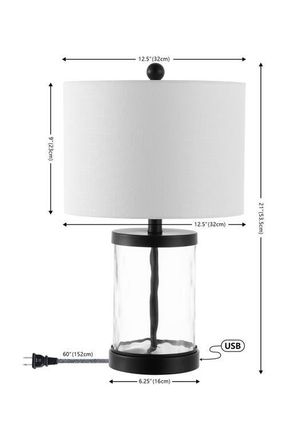 Jonathan Y Designs Alexander Modern Designer Iron/Water Glass LED Table Lamp with USB Charging Port in Black/clear at Nordstrom