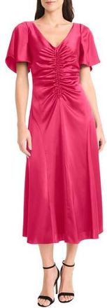 Maggy London Flutter Sleeve Ruched Satin Midi Dress in Vivacious at Nordstrom Rack, Size 18 (Similar To 16W)