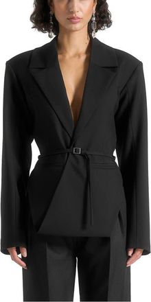 Mani&egrave;re De Voir Yuna Plunge Tailored Blazer With Belt in Black at Nordstrom, Size 10