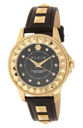 Philipp Plein Lady Rock Pyramid Stud Leather Strap Watch, 38mm in Ip Yellow Gold at Nordstrom