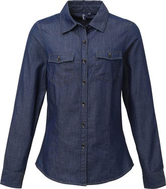 Premier Dames/dames Jeanssteek Denimshirt met lange mouwen (Indigo Denim)
