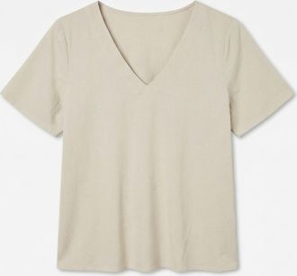 Vero Moda Blusenshirt VERO MODA VMMYMILO S/S V-NECK TOP WVN GA, Damen, Gr. XL, silber lining, Jersey, Obermaterial: 55% Viskose, 45% Leinen, unifarben, regular 